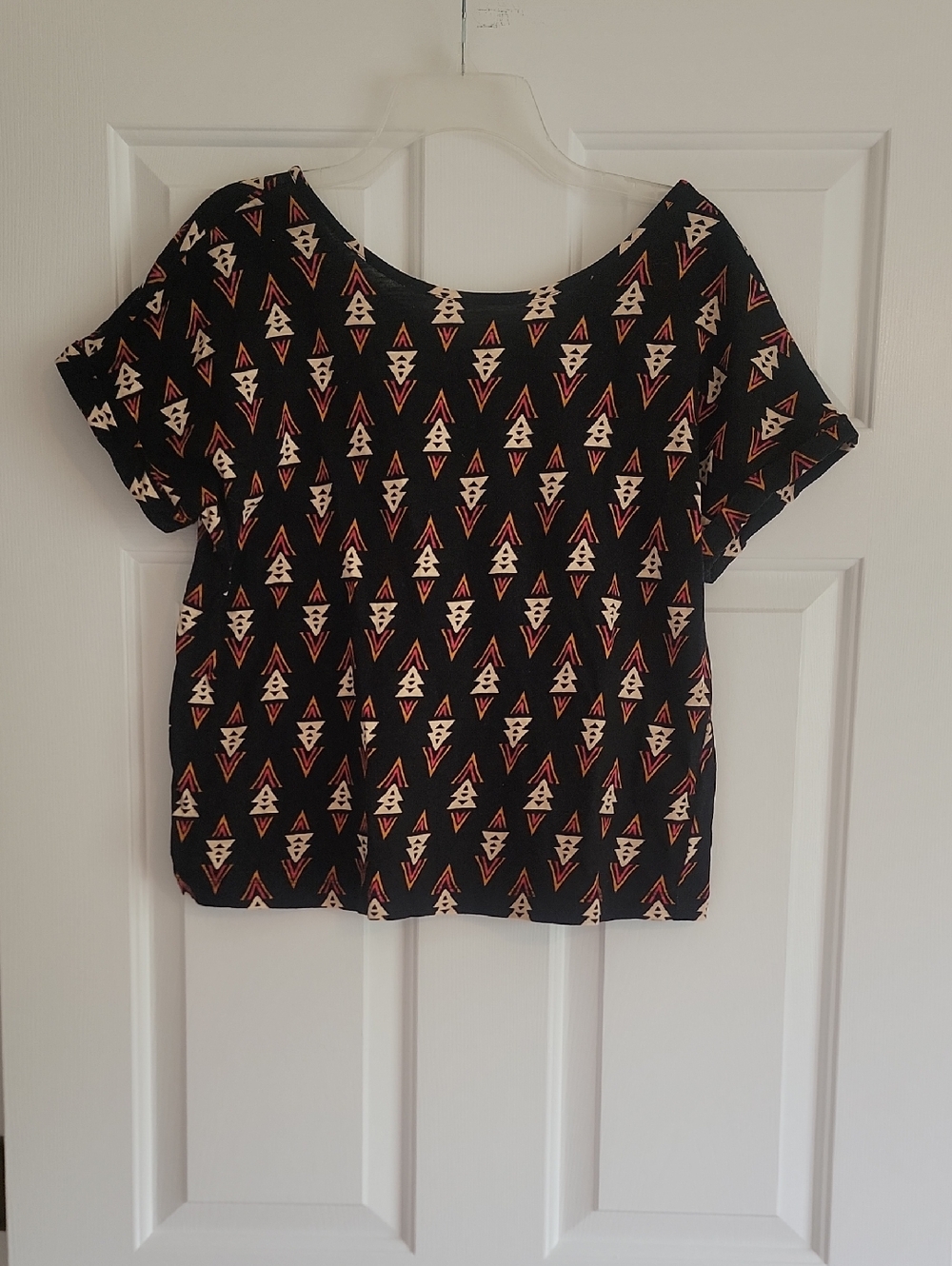 Rachel Zoe Black Top with Cream, Pink and Mustard Geo Print, Size L